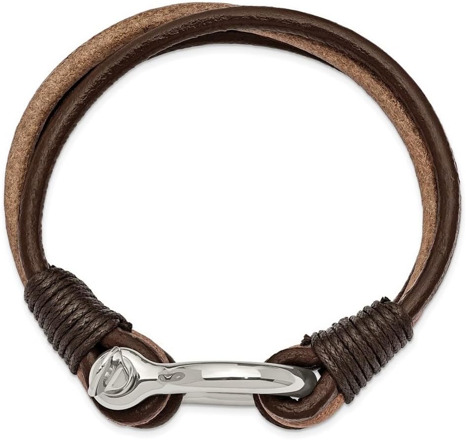 JewelryWeb 11.3mm Stainless Steel Polished Shackle Multi Strand Dark Brown And Tan Leather Bracelet 8.25 Inch Strand Bracelet for Women