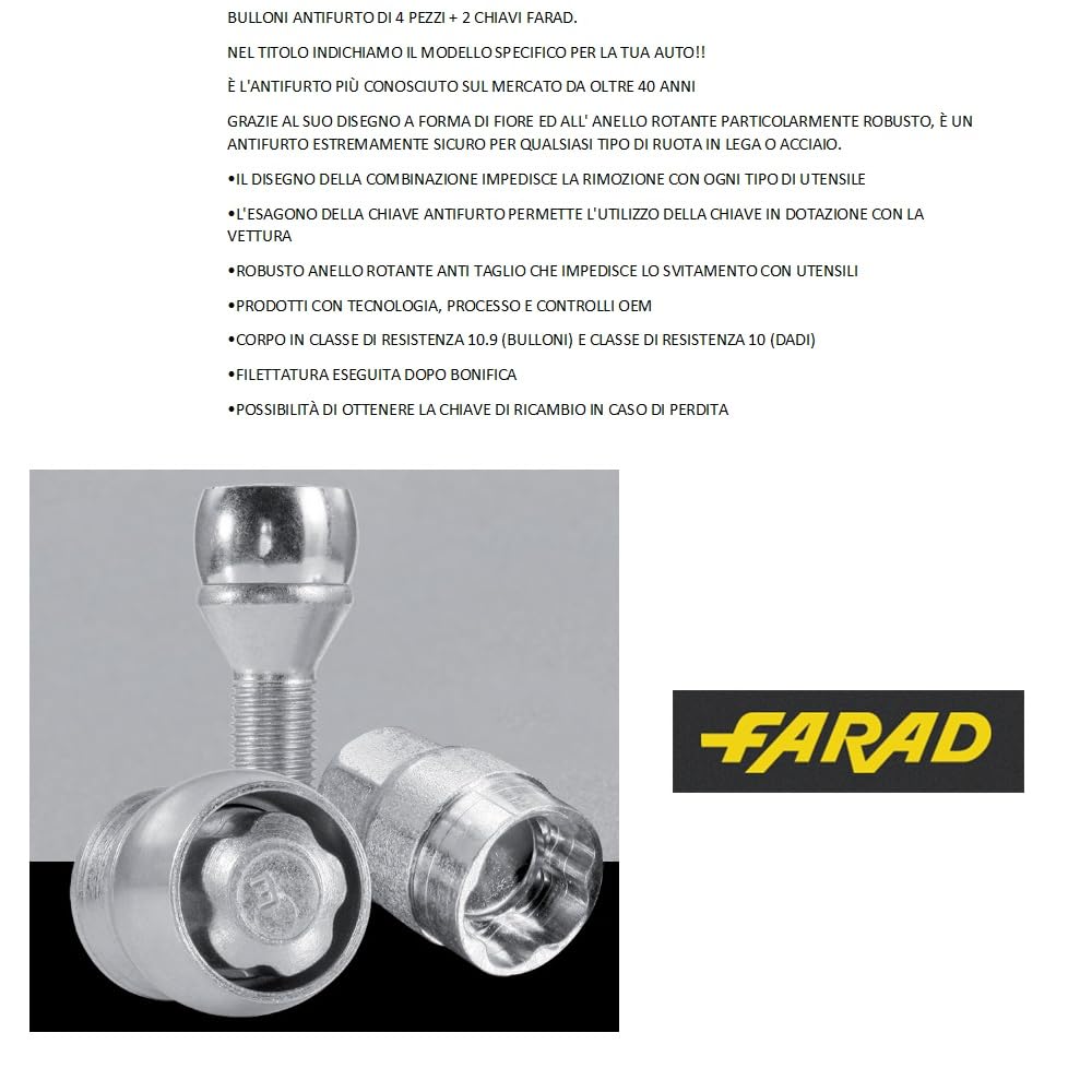 Kit Bulloni Antifurto FARAD Per Toyota Yaris Cross 2022+ (D27/D) – 4 Bulloni + 2 Chiavi, Per Cerchi In Acciaio E Lega