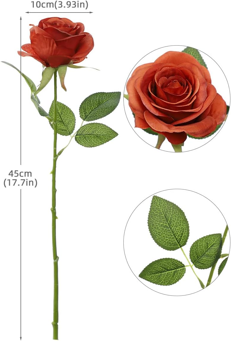 LVEFIT Artificial Rose Flower Artificial Flowers Flower with Long Stem Silk Roses Bouquet for Wedding Bridal Shower Party Home Decoration (Burnt Orange, 12 Pcs) - Image 2