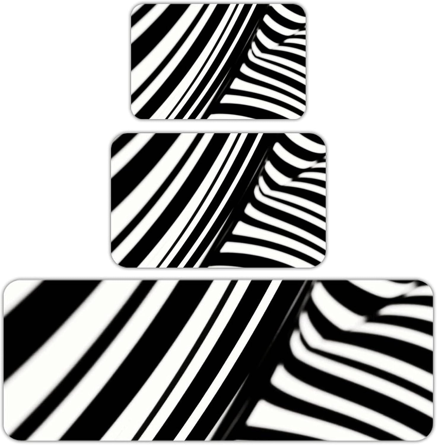 Black and White Lines Kitchen Mats for Floor 3 Pcs Kitchen Rugs