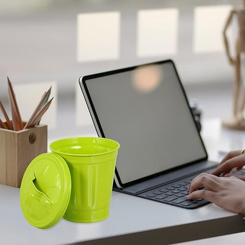 Miniatura 4 de POPETPOP Bote de basura pequeño con tapa, pequeño bote de basura galvanizado para plantas, mini papelera con tapa, organizador de escritorio,