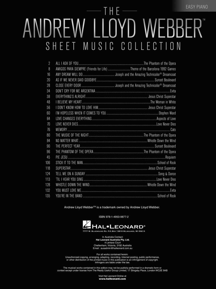 The Andrew Lloyd Webber Sheet Music Collection for Easy Piano | 25 Musical Theater Hits for Intermediate Piano Players | Broadway and West End Favorites | Easy Piano Arrangements for Pianists
