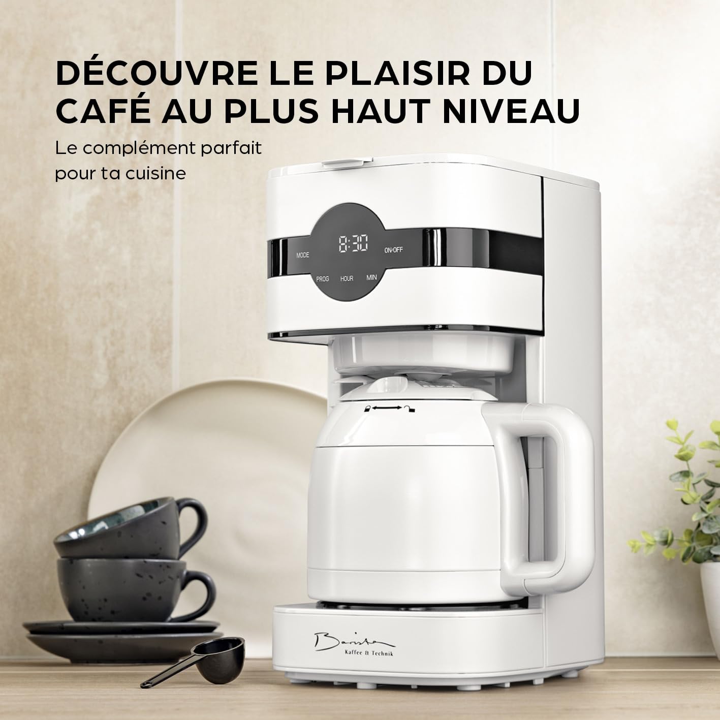 Barista Machine à café filtre avec verseuse isolante | Machine à café filtre avec écran tactile & fonction minuterie | Avec filtre permanent & 900W | Réservoir d'eau de 1,25 litre pour 8 tasses