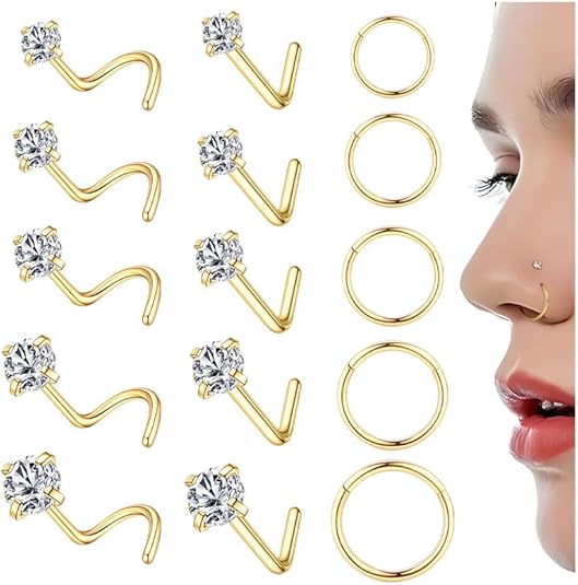 Svovin 15 PCS Gold Plated Nose Rings Stud for Women 316L