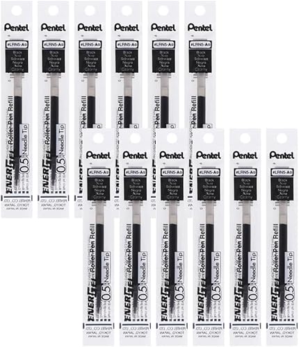 Pentel - Tinta de recarga para pluma de gel líquido EnerGel, (0.5mm), línea fina, punta de aguja, tinta negra, caja de 12 (LRN5-A)