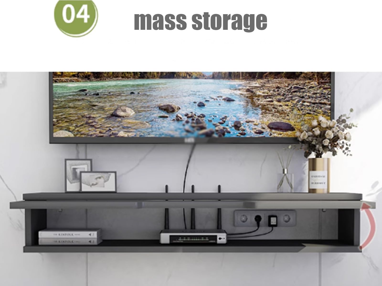 mensola da Muro, Supporto TV Galleggiante, Console multimediale montata a Parete con Gestione dei Cavi, mensola Porta TV in Legno, unità di stoccaggio per Soggiorno, Camera da Letto, 130 cm