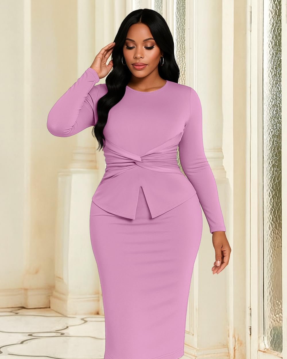 HWP Dressy Business Dresses for Women Elegant Bodycon Long Sleeve Pencil Dress Knee Length Vintage Peplum Dress Wear to Work - Image 3