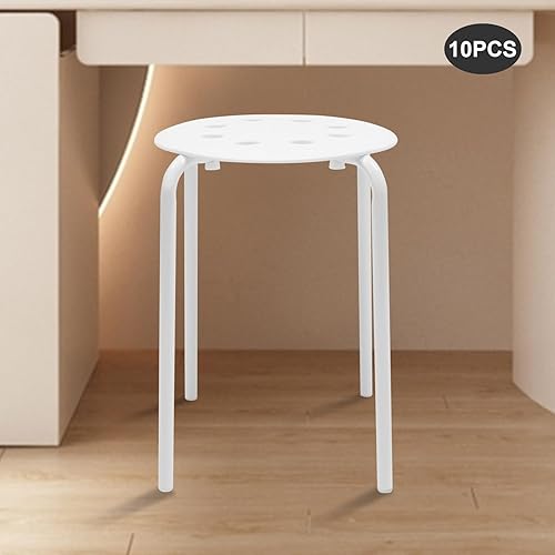 Miniatura 2 de Juego de 10 taburetes apilables con marco de metal de 17 pulgadas, taburetes de plástico apilables portátiles para el aula, taburete blanco sin