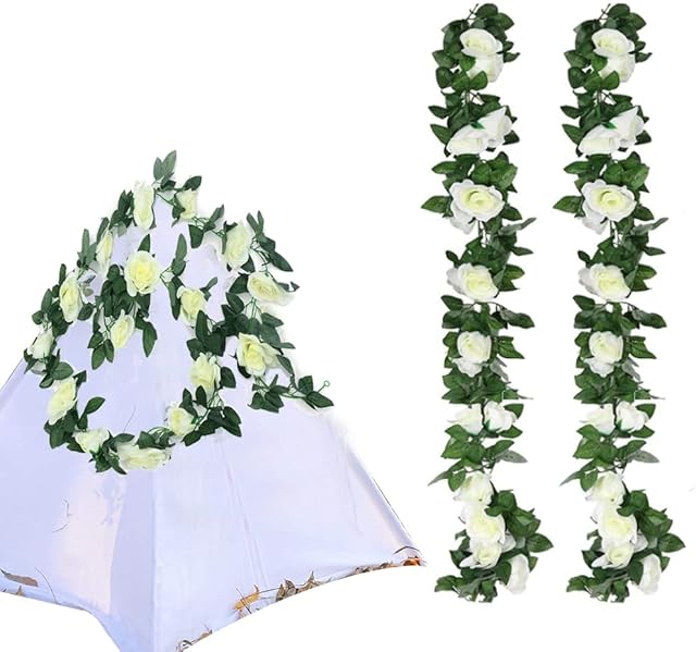 XAVSWRDE 2 Pack Artificial Rose Vines Garland, 7.5FT Fake Flower Plants Silk Rose Flower Vines Ivy Faux Hanging Floral Vines Décor for Hotel Wedding Home Party Garden Craft Art Décor (White)