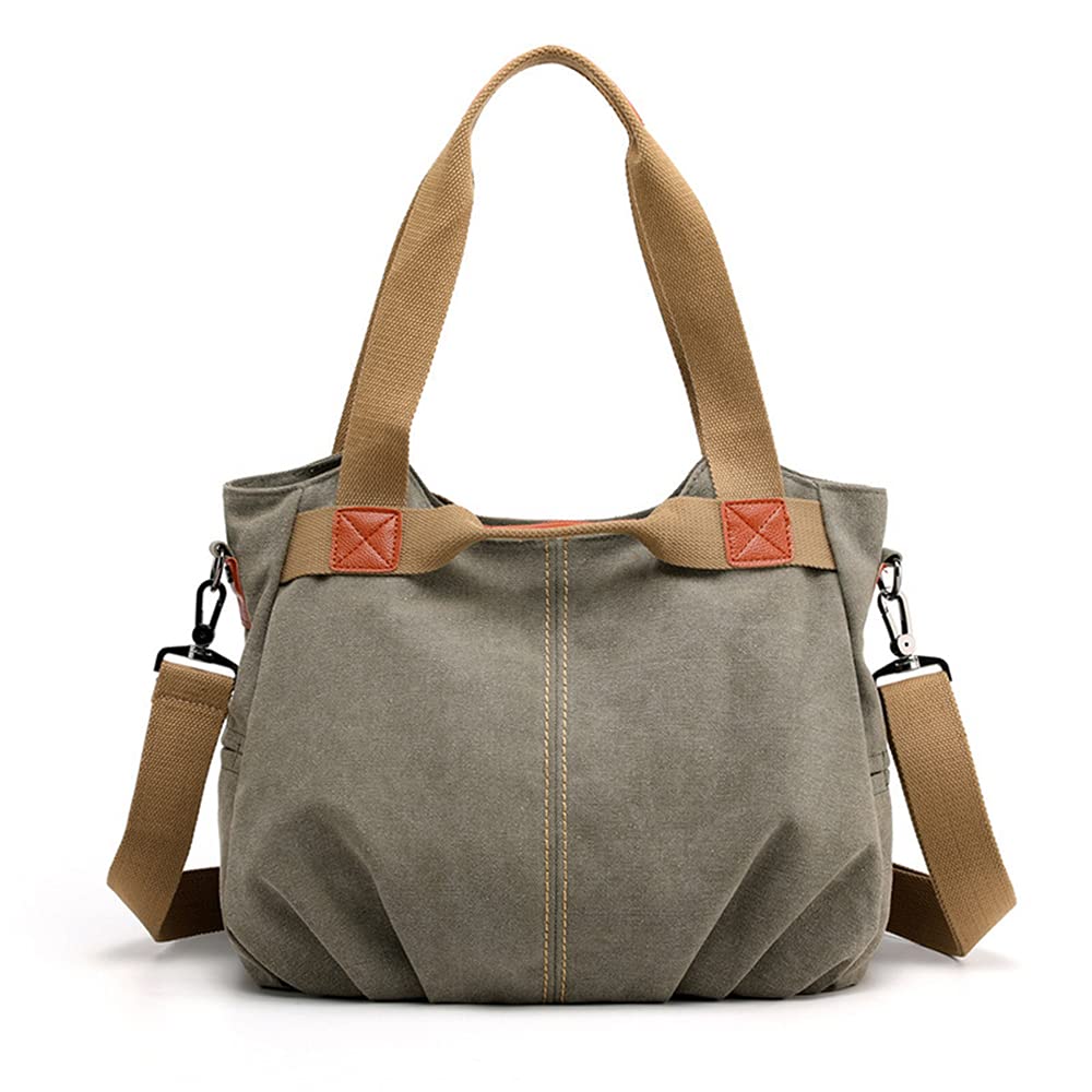 Borsa da donna in stile retrò con manico robusto e tracolla installabile, Verde militare, Medium