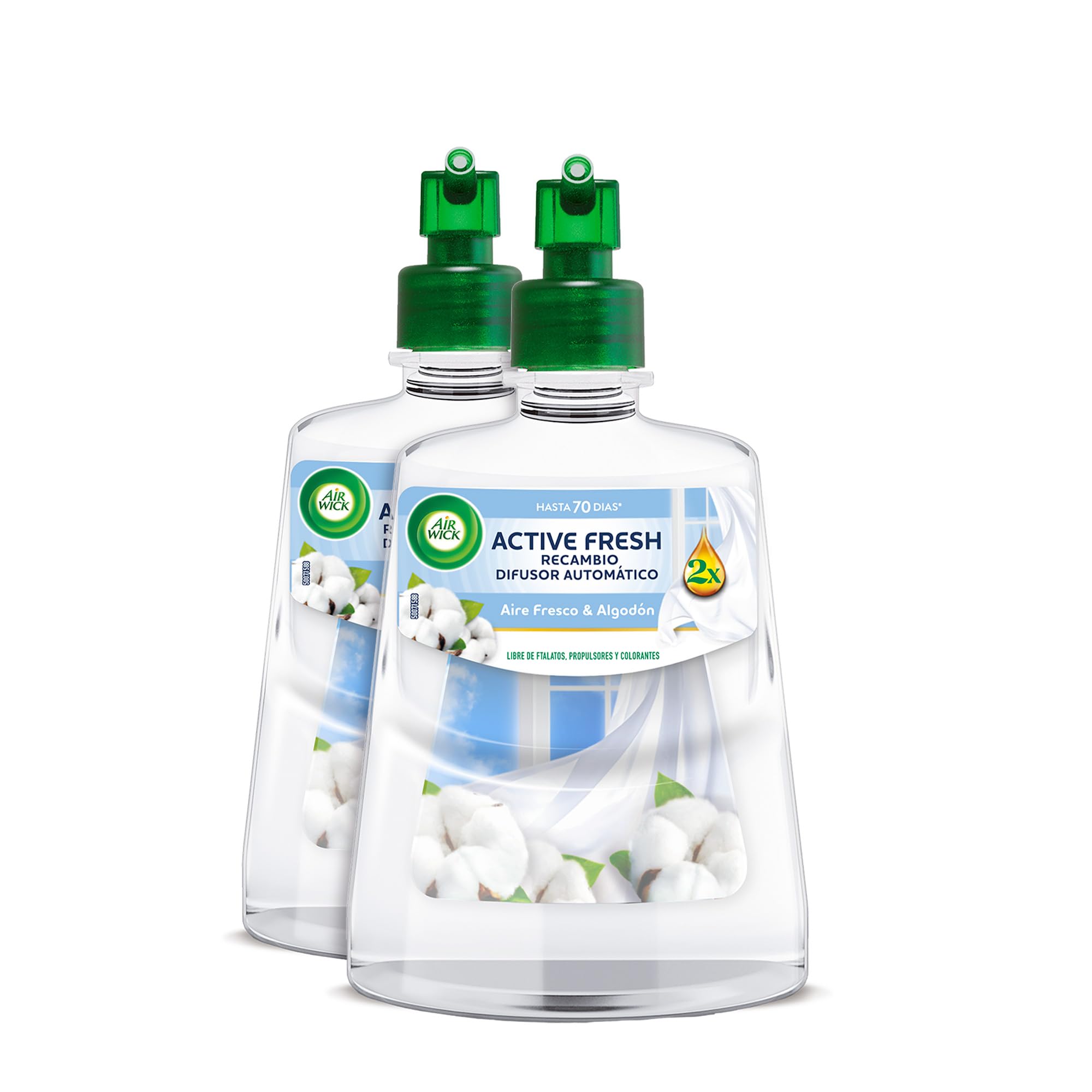 Air Wick Active Fresh Spray Automatico Sin Aerosol - 2 Recambios de ambientador para casa con Aroma a Aire Fresco & Algodón