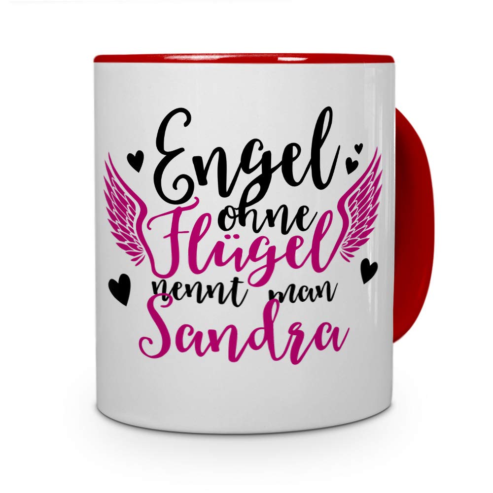 Personalisiert: Tasse Mit Namen Sandra – Motiv Engel, 325 Ml, Spülmaschinenfest, Rotes Design