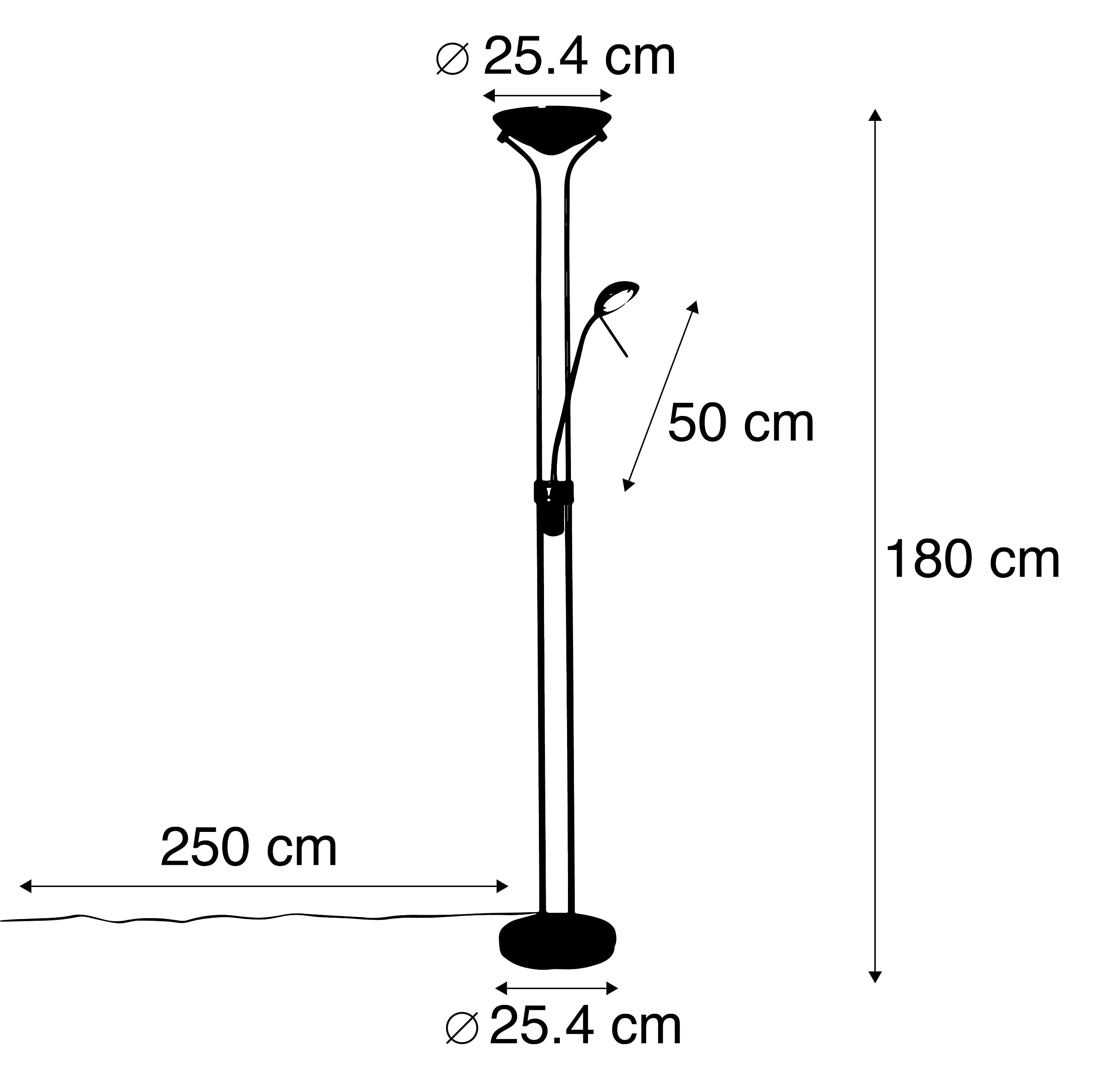 Qazqa led Modern Deckenfluter mit Lesearm, Stehleuchte, Stehlampe - Diva - Schwarz, inkl. 23W integrierter LED, 2000K - 3000K, dimmbar, 2-flammig, 180cm, Ideal als Bürolampe und Schlafzimmerlampe