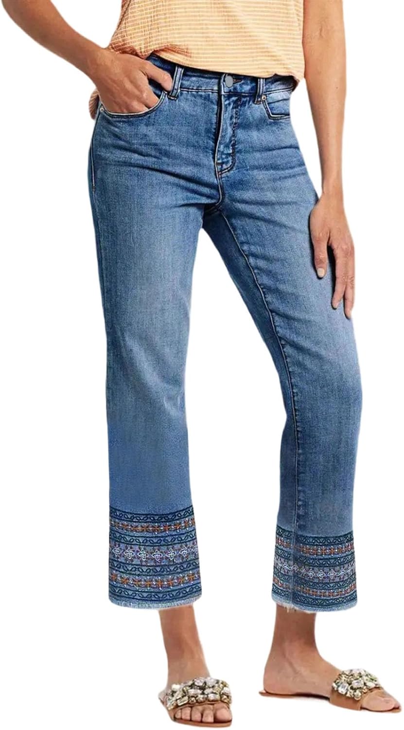 Embroidered Jeans for Women Stretchy Cropped Jeans Washed Vintage Embroidery Denim Pants Mid Rise Casual Daily Party Wear