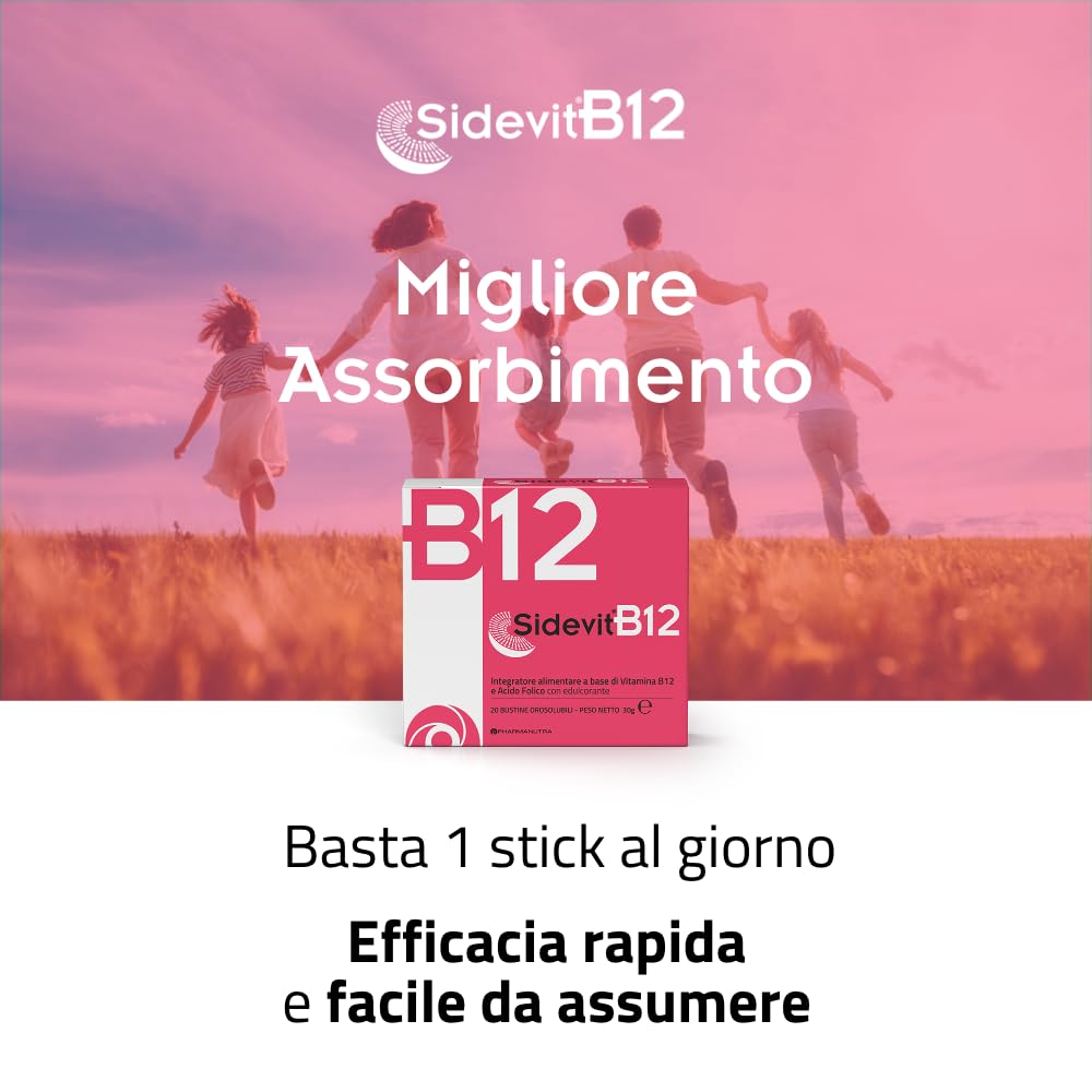 Sidevit® B12 Integratore alimentare con Tecnologia Sucrosomiale®, Alta Concentrazione, Supporto Stanchezza e Sistema nervoso, Per chi ha una alimentazione Vegana, 20 Bustine orosolubili, Pharmanutra