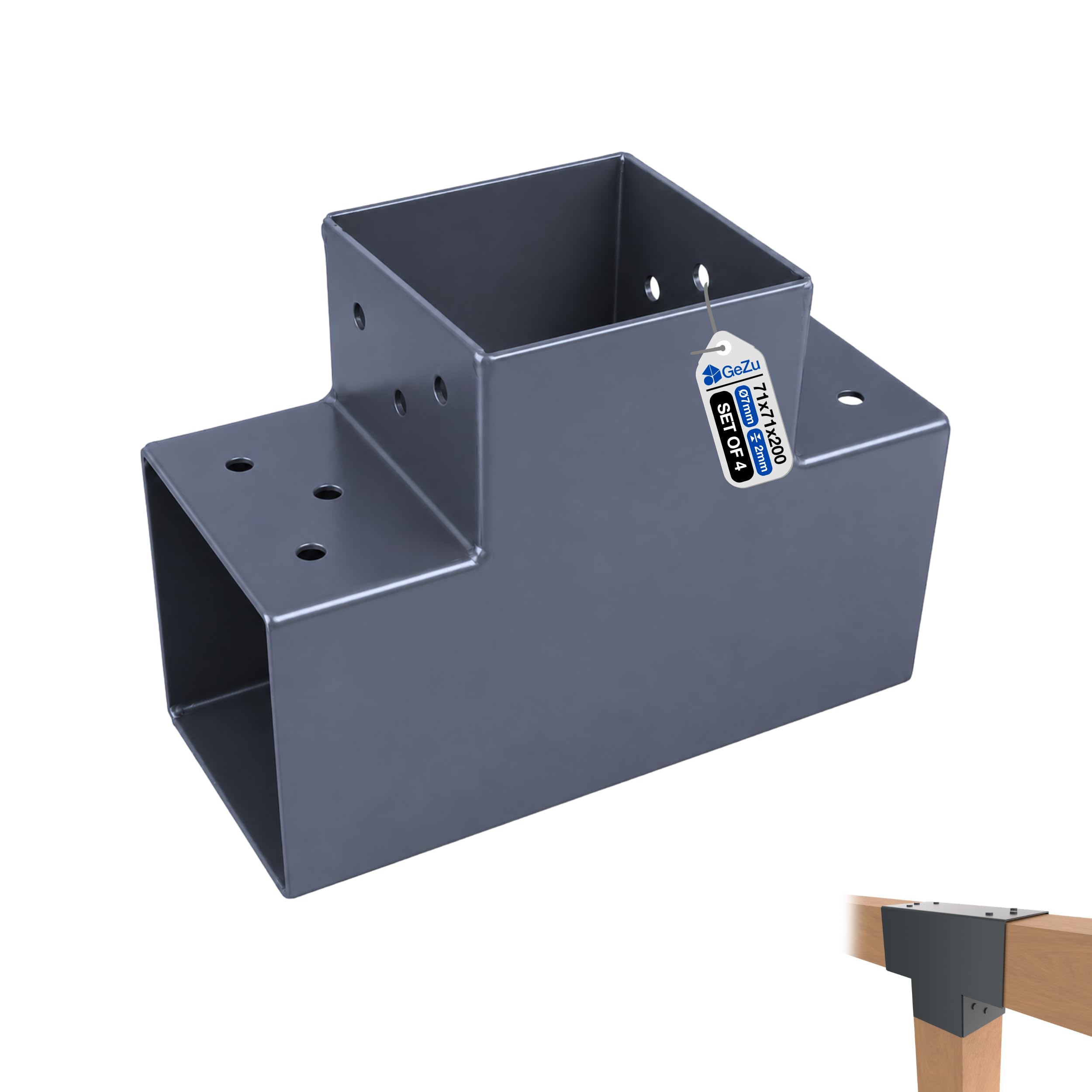 GeZu Impex Post Connector T 71 x 71 mm Anthracite Powder Coated Set of 4 Pergola T Shape 3 Beam Post Connector Corner Pavilion Bracket