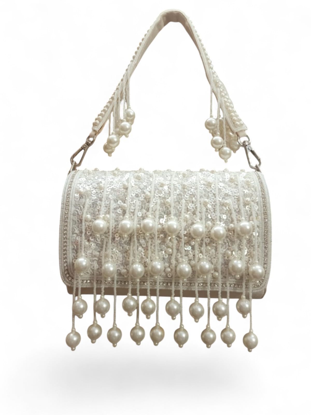 Pearl Embellished Shoulder Bag, White, Sequin Detail with Tassel Fringe, Evening Clutch Purse-image-36