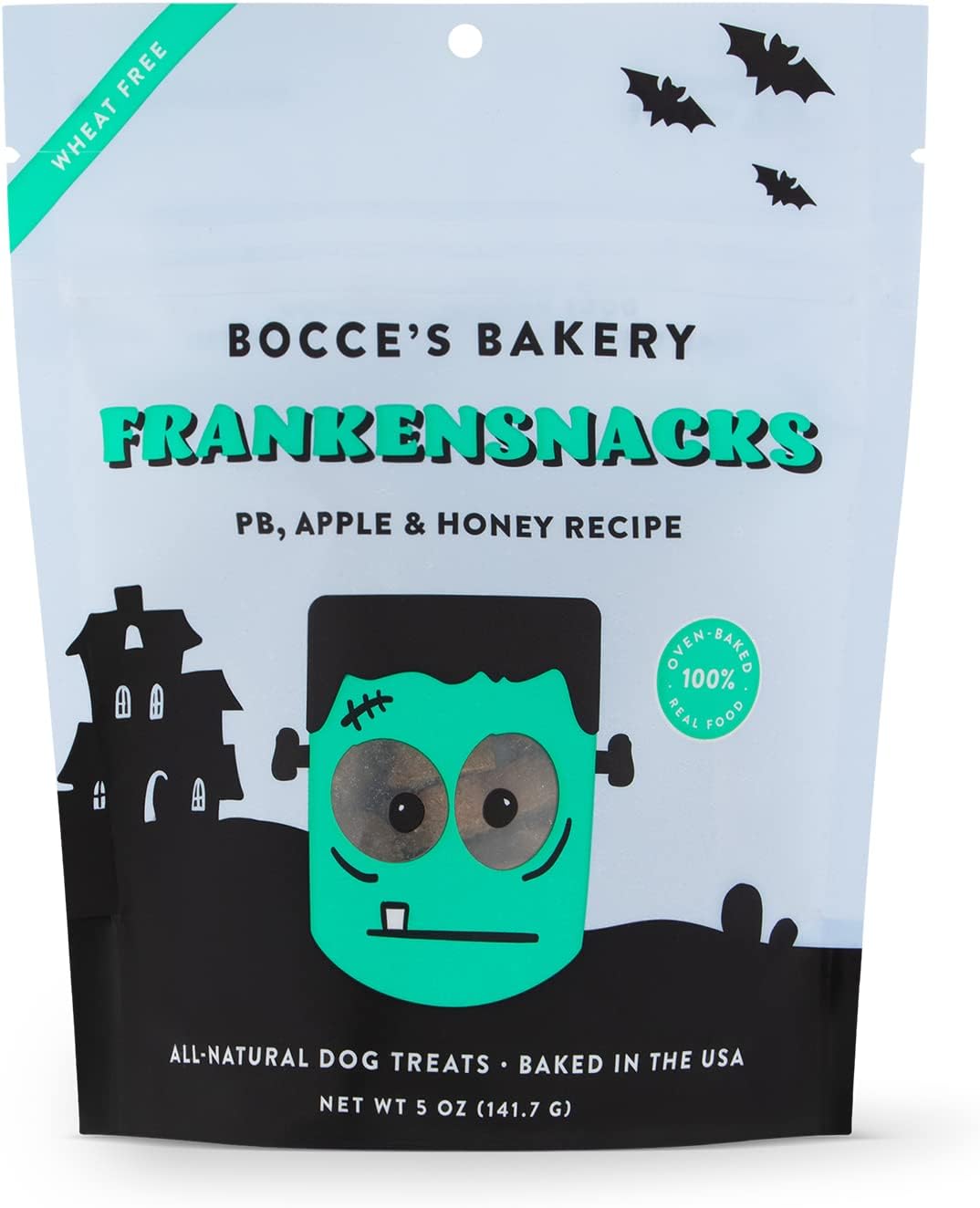 All-Natural, Seasonal, Frankensnacks Dog Treats, Wheat-Free, Limited-Ingredient Crunchy Biscuits Inspired by Halloween, 5 oz, Blue