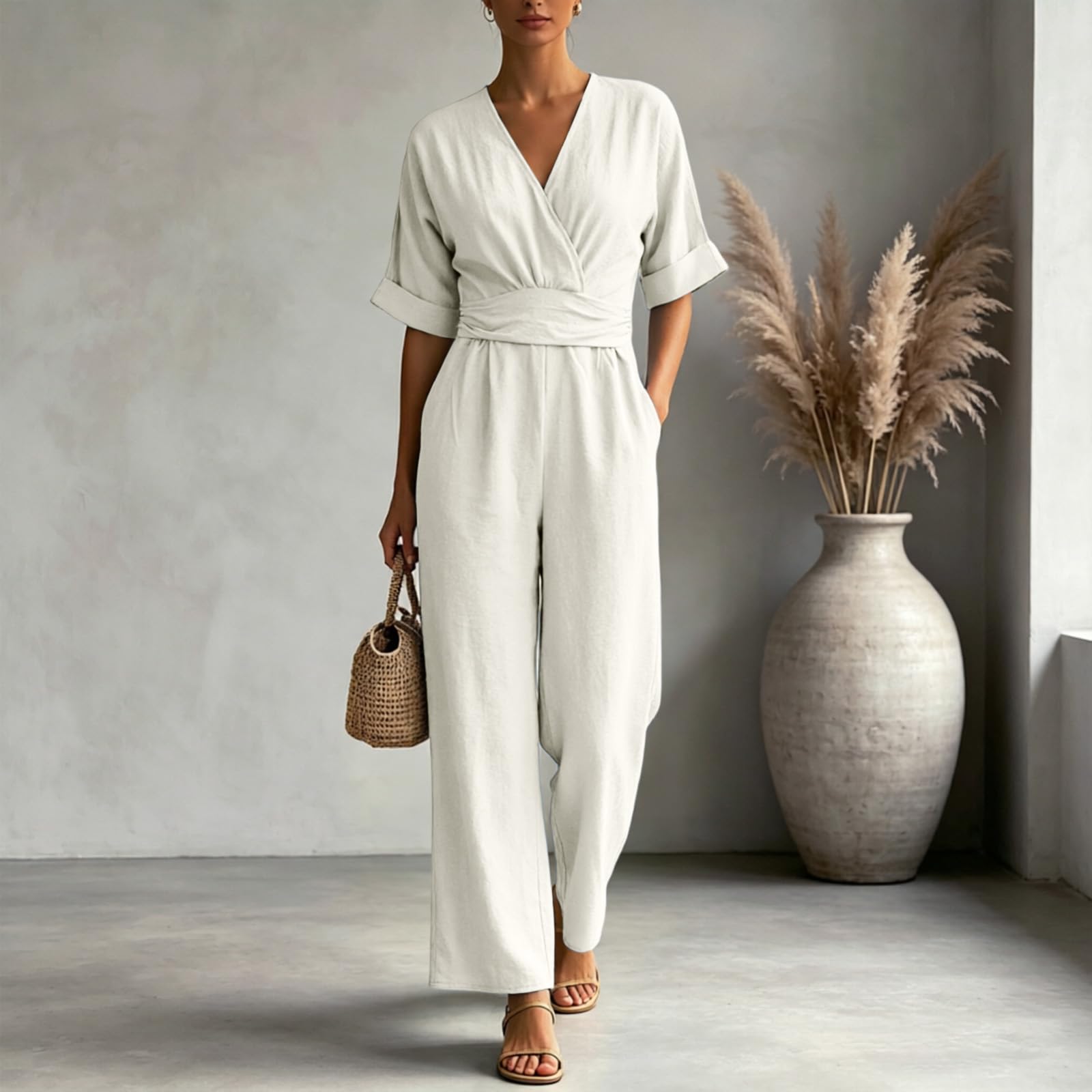 Genérico Mono Elegante De Verano Para Mujer, Pierna Ancha Con Cuello En V, Estilo Ejecutivo Versátil, Ideal Para Bodas, Recepciones Y Uso Diario, También Perfecto Pantalones De