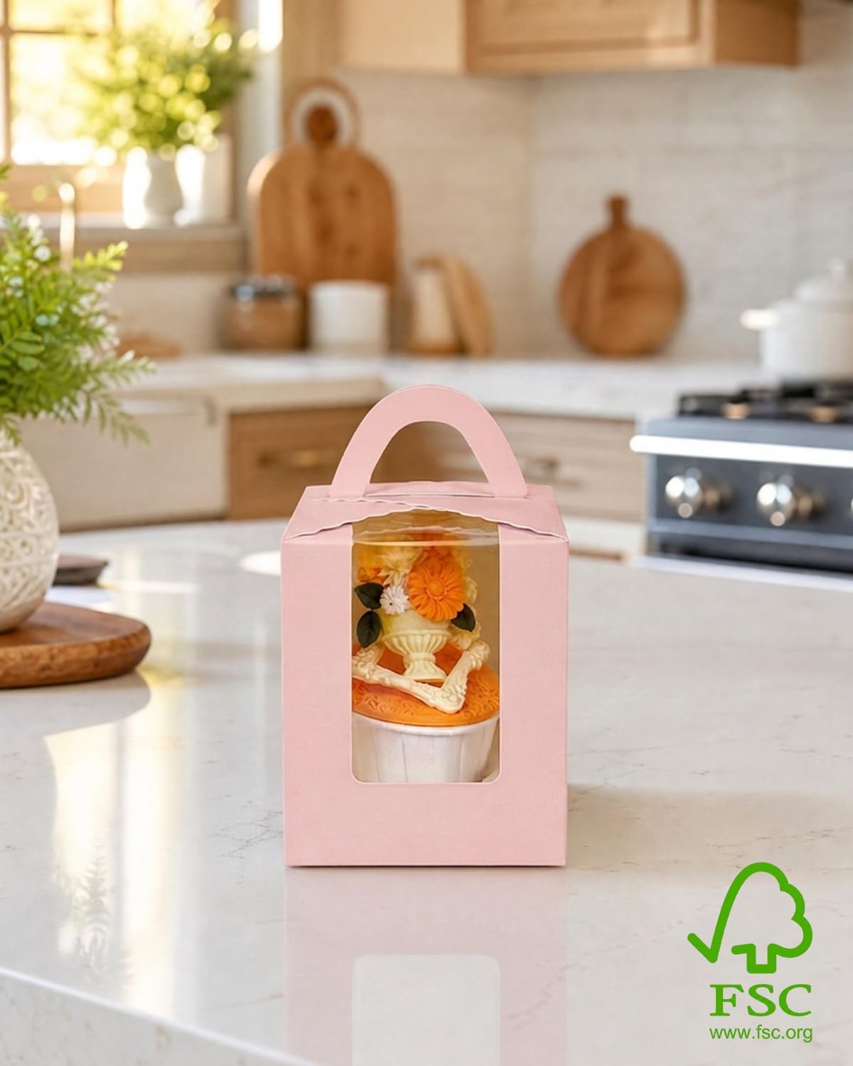 Bakepacker Individual Cupcake Boxes with Window 100 Count Pink Single Cupcakes Box 3.6"X3.6"X4.3" Cupcake Carrier