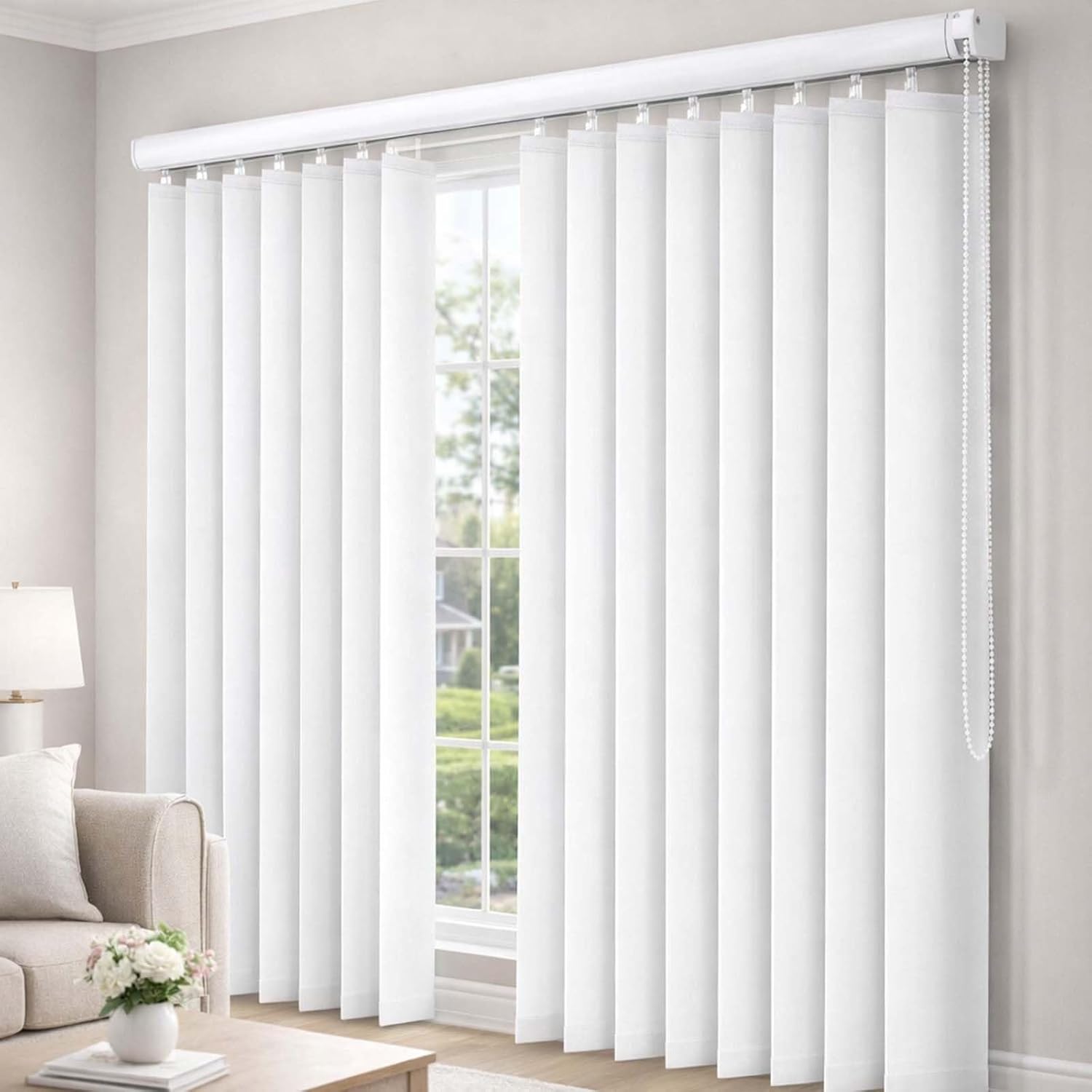 PVC Polyester Vertical Blinds for Sliding Glass Doors 55" 63" 71" 78" 88" 98" White Light-Filtering Window Shades, Living Room Divider & Patio Door Blinds with Track Set(59" W x 78" H)