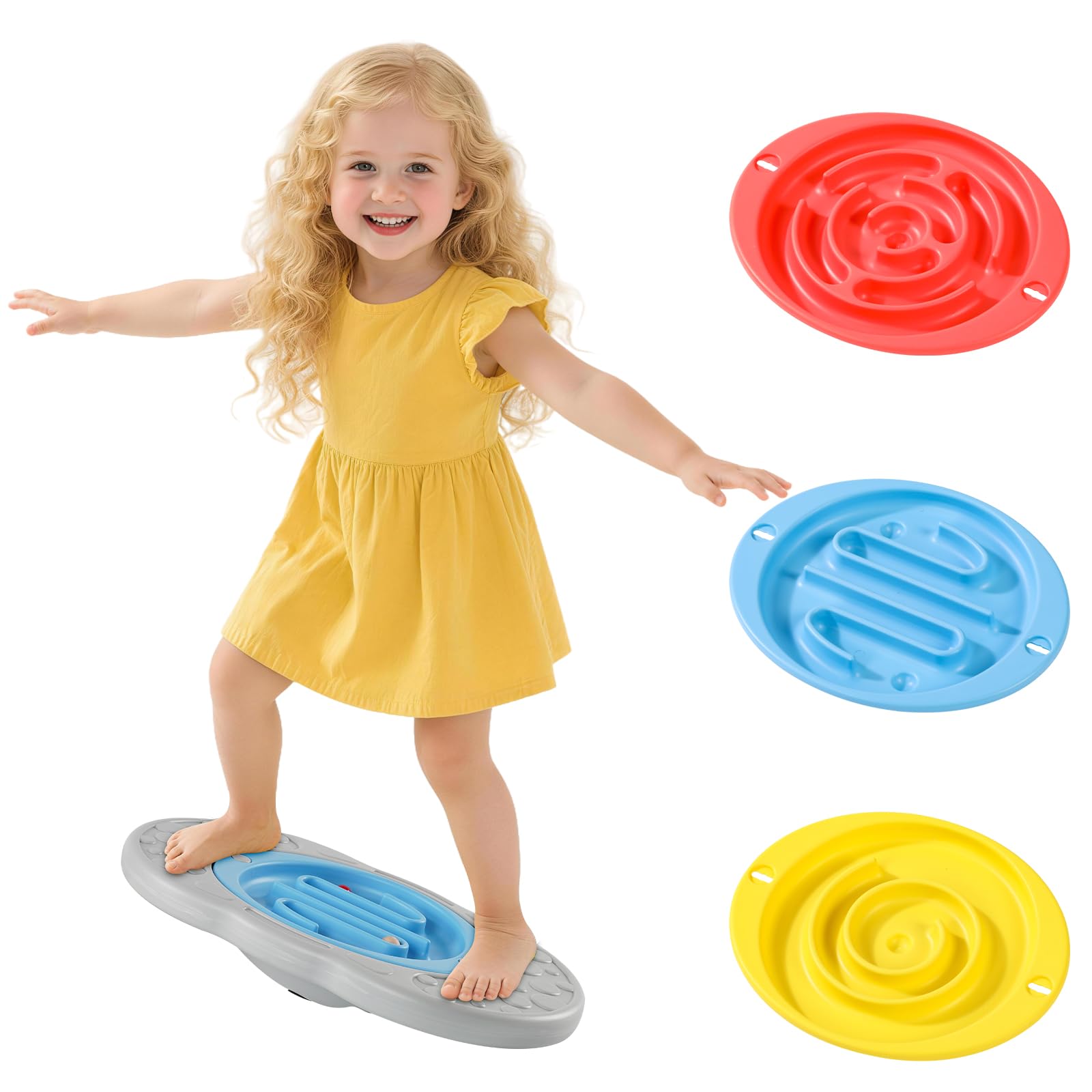 Kids Balance Board with 3 Maze Track Plates,Non-Slip Sensory Wobble Board, Triangular Support Toddler Balance Trainer for Coordination Training