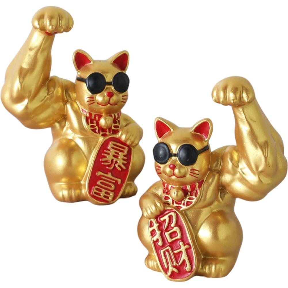 Danlai 2pcs Resin Muscle Lucky Cat Figurine, Feng Shui Statue Ornament for Home Desk Store Bookcase Fortune Decor