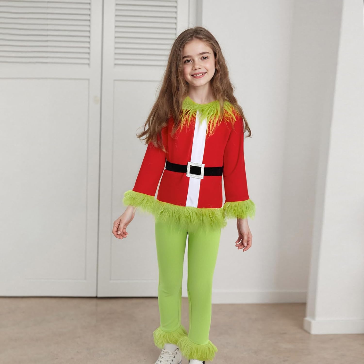 Kids Boys Girls Christmas Santa Cosplay Costume Green Monster Hooded Santa Claus Furry Suit Xmas Funny Clothes Set - Image 3