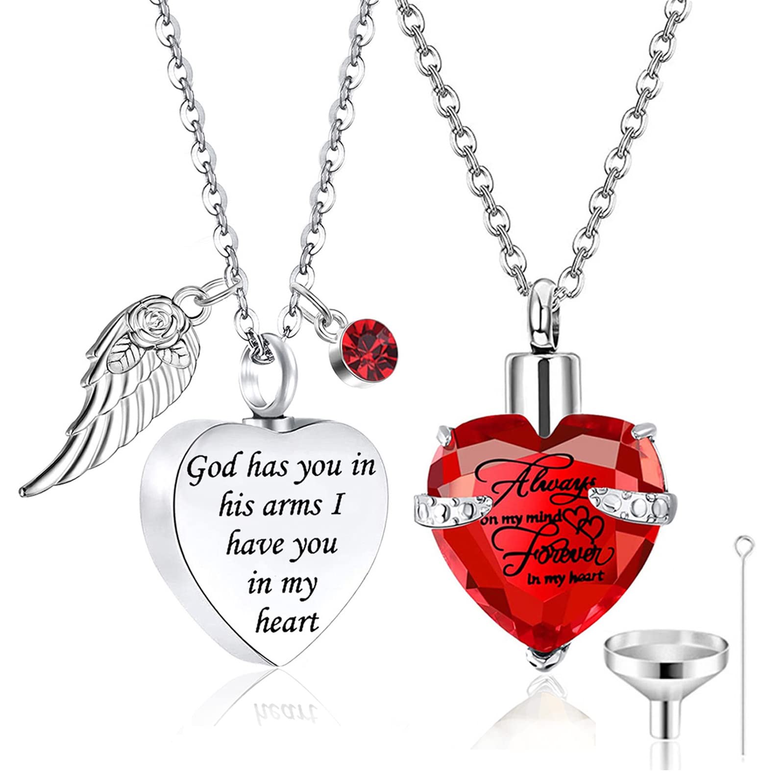 weikui 2 Pieces Cremation Heart Urn Necklace for Ashes Stainless Steel Shaped Loved One Memorial Cremation Ash Urn Pendant Necklace with Angel Wing 12 Birthstone jewelry (January)