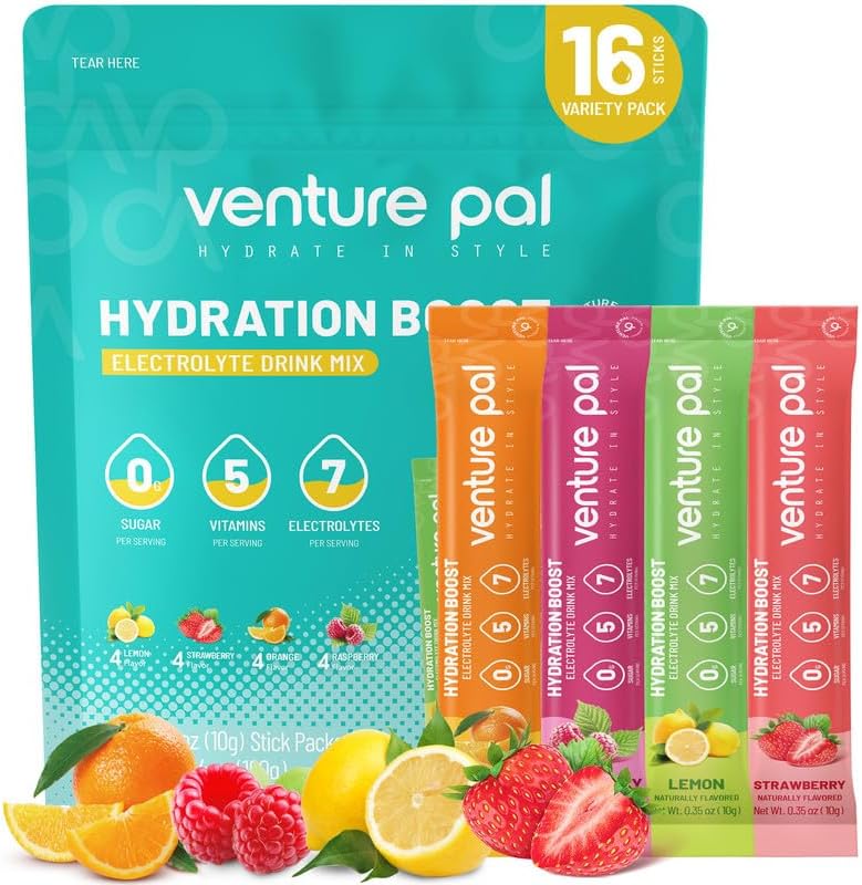 Venture Pal Sugar Free Electrolyte Powder Packets - Liquid Daily IV Drink Mix for Rapid Hydration & Party Recovery | 5 Vitamins & 7 Electrolytes| Keto Friendly | Non-GMO | Certified Vegan | 16 Sticks