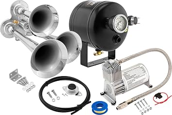 Vixen Horns Train Horn Kit, 3 Trumpets, 150 PSI Compressor, 0.5 Gallon Tank All-in-One Onboard Air Horn Kit, Super Loud dB, Fits 12V Vehicles Like Truck, Car, Semi, Pickup, SUV, Jeep VXO8705/3114