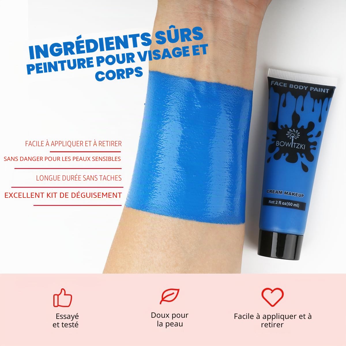 Bowitzki 60 ml de peinture pour le visage et le corps, 60 ml, peinture à base d'eau, effets spéciaux pour adultes, Halloween, Noël, fête, scène, cosplay - Bleu