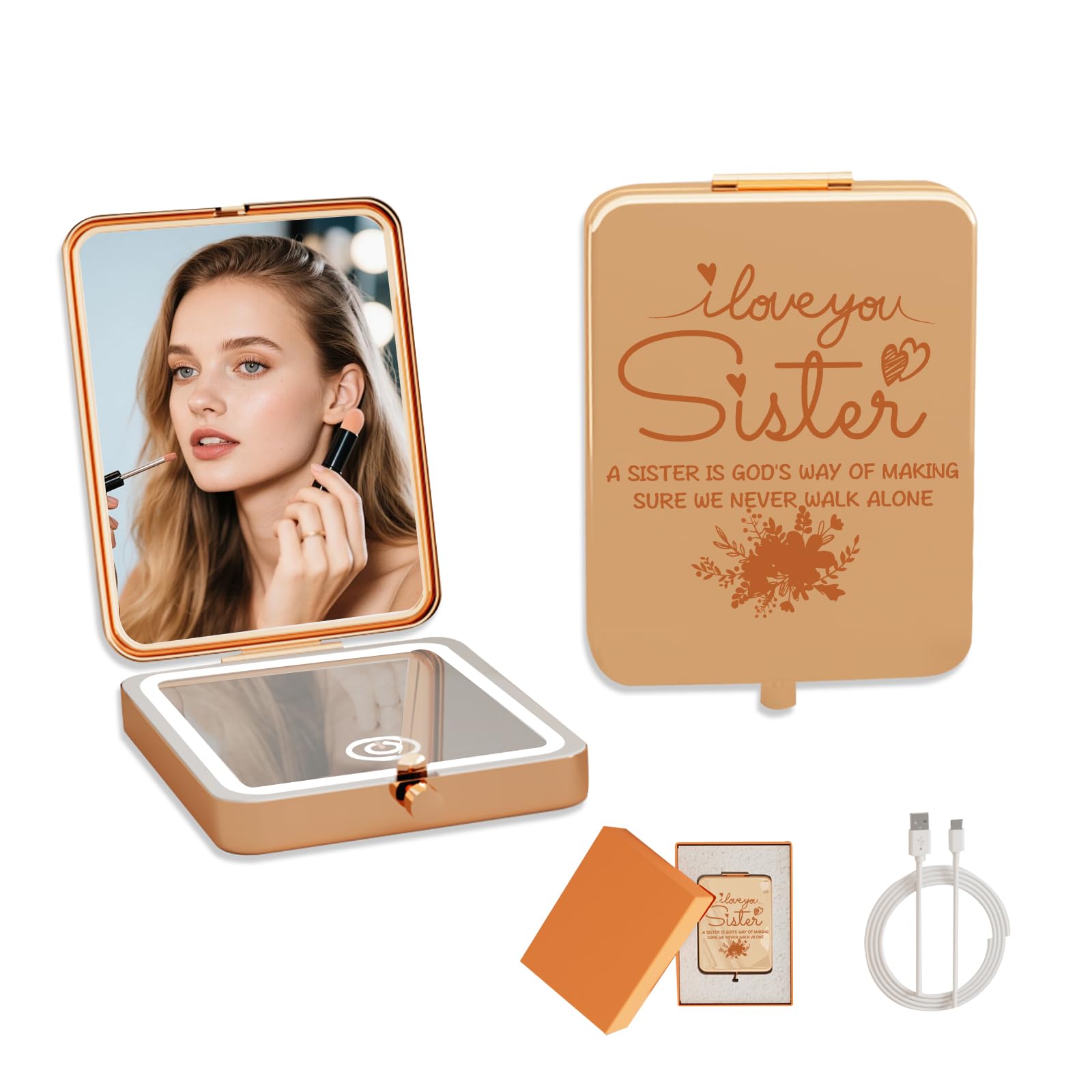 Sister Gifts Compact Mirror with Light, 3x magnification Personalized Custom Travel Mirror for Birthday, Christmas Secret Santa &amp; Stocking Stuffers, Wedding, Gift for Women Girls Sisters for Women BFF