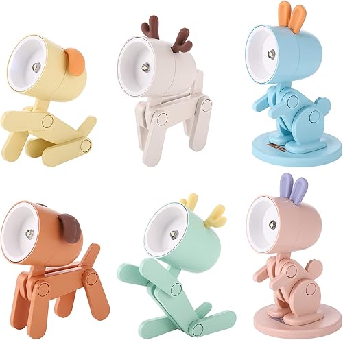 6 piezas de mini lámpara LED de escritorio lindo soporte pequeño para teléfono cachorro ciervo dinosaurio conejito lámpara de noche ajustable lindas