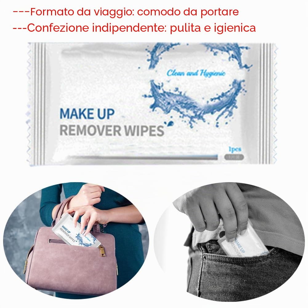 Confezione da 50 salviette struccanti usa e getta confezionate singolarmente, da viaggio, delicate sulla pelle; salviette igieniche delicate per il viso, salviette detergenti con acqua pura per viaggi