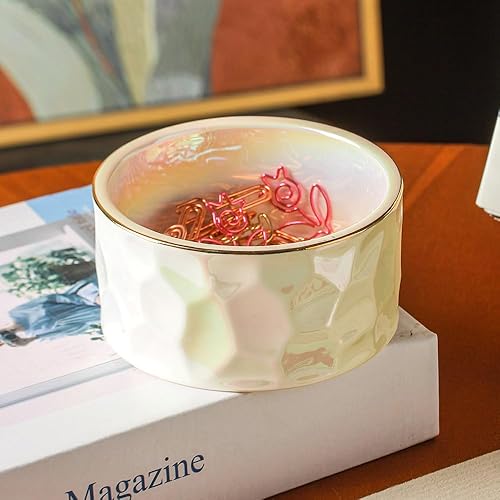 Miniatura 9 de Dispensador de clips de papel redondos de cerámica para escritorio, linea dorada, carpeta de oficina, organizador dispensador (blanco)