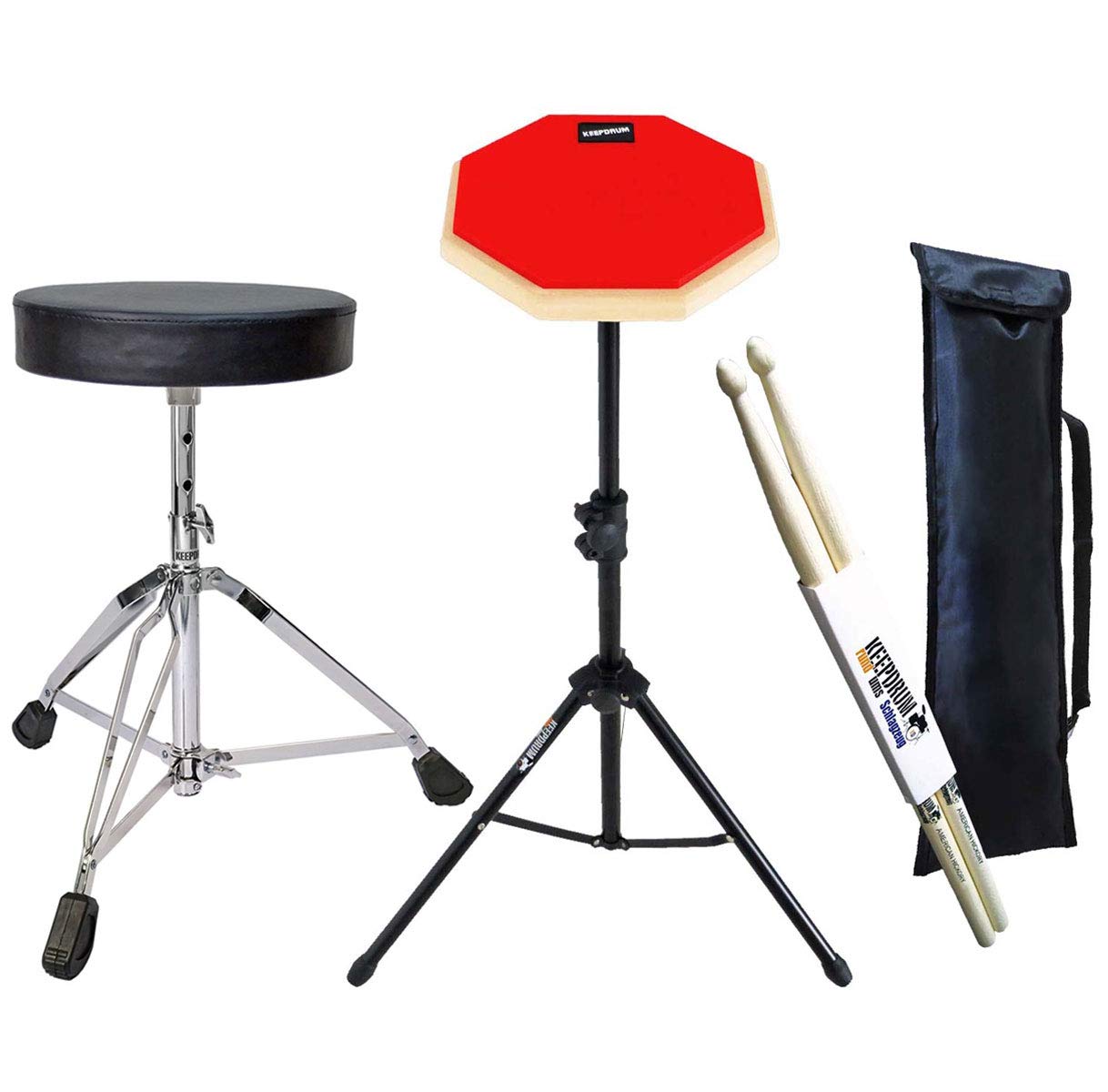 keepdrum DP-RD Übungspad Practice Pad Rot mit Stativ und Tasche + Drumhocker + Drumsticks 1 Paar
