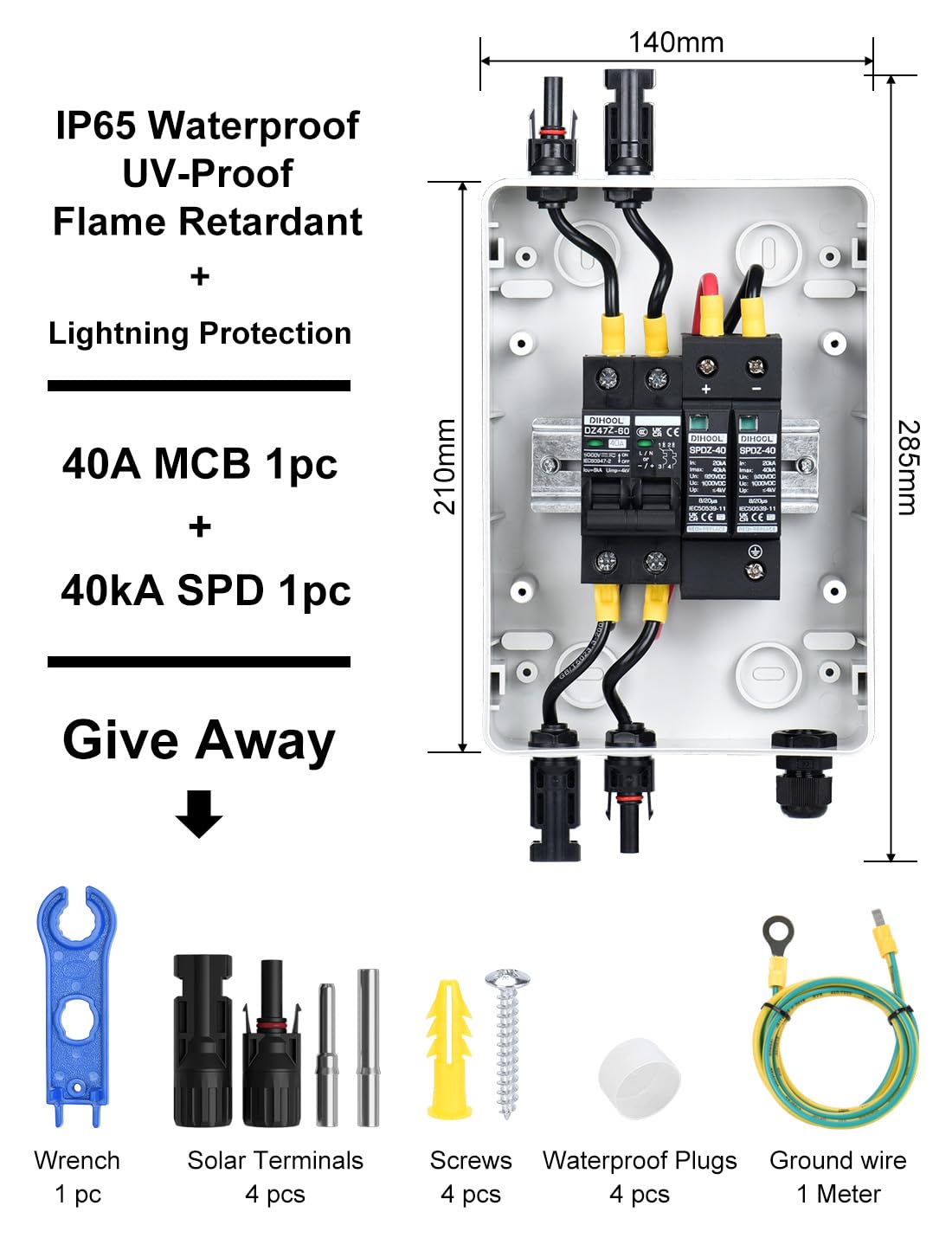 DIHOOL DC Überspannungsschutz pv solar trennschalter mit Solarstecker 1 string 1000V photovoltaik DC leitungsschutzschalter blitzschutz erdung für pv anlage(1 in 1 out 1000V,40A)