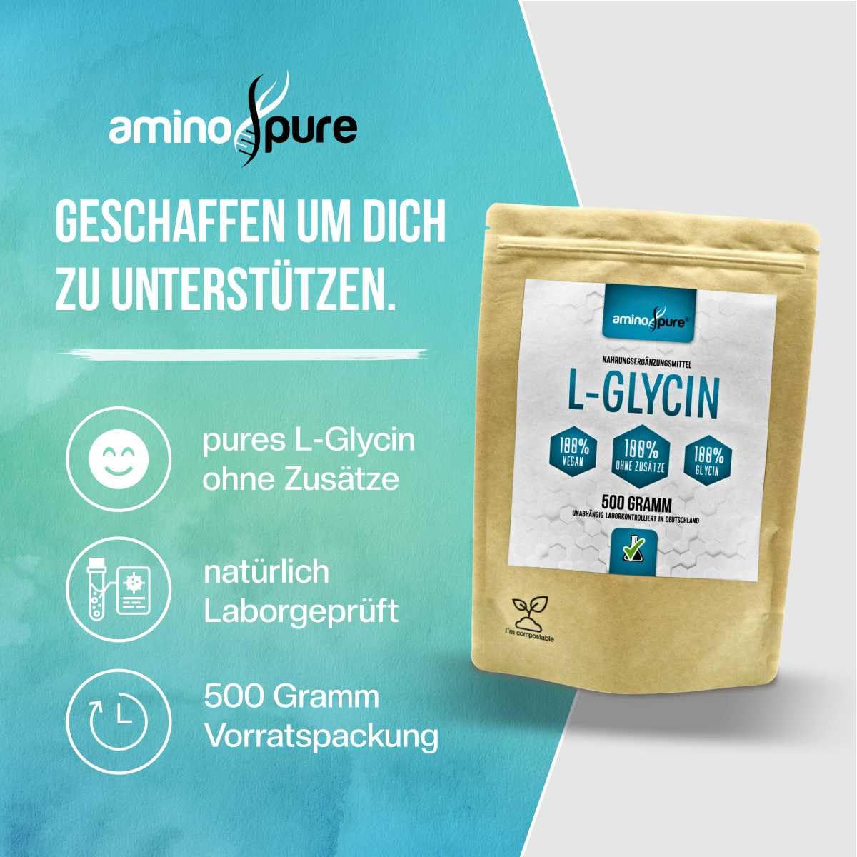 Czysty proszek L-glicyny | 100% wegański i bez zbędnych dodatków | sprawdzony laboratoryjnie pod kątem substancji szkodliwych z certyfikatem | 500 g