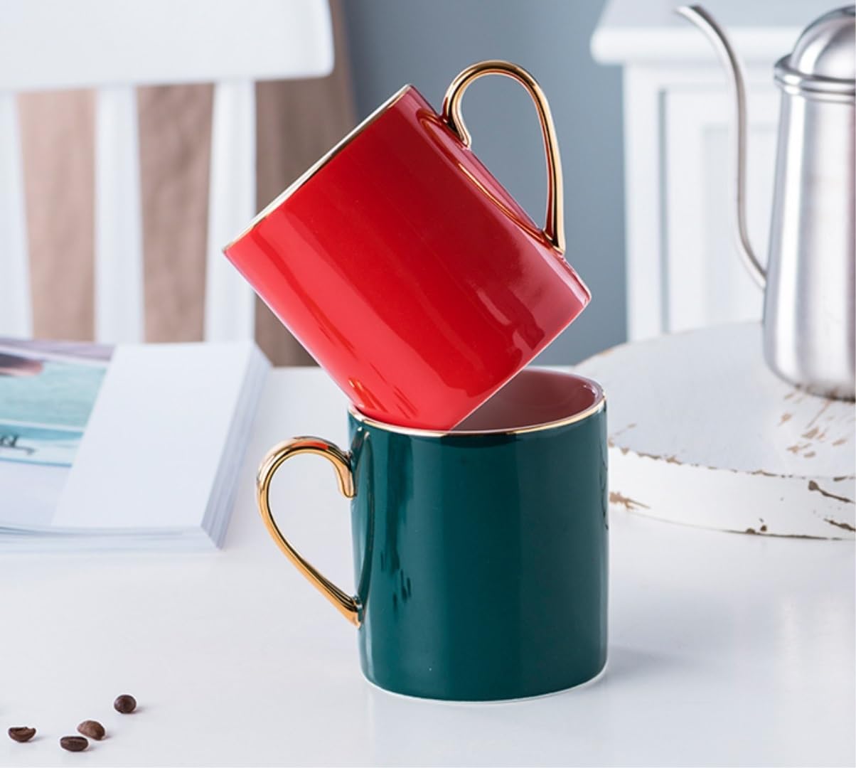 Kubek Filiżanka kawy Filiżanka do herbaty, kubek do kawy Kubki ceramiczne Ceramiczna filiżanka do kawy i podstawka Filiżanki do espresso Złoty uchwyt Idealny do kawy Kubki do herbaty i kawy Kubki do k