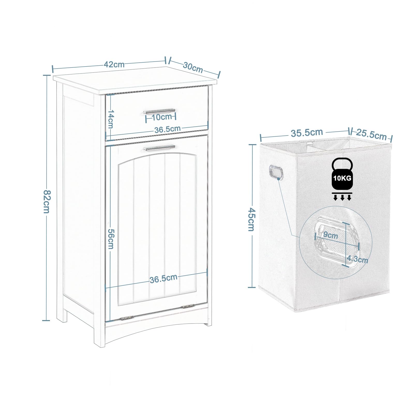 EUGAD Mobile da Bagno con Portabiancheria, Cesto Portabiancheria, Mobiletto da Bagno con Cassetto, Portabiancheria a 2 Scomparti, in MDF e Tessuto, Bianco, 42x30x82cm