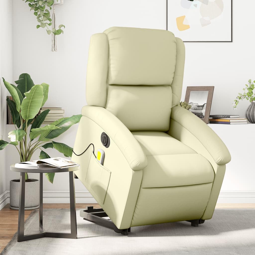 Massagesessel elektrisch mit Aufstehhilfe in Creme Echtleder, 6-Punkt Vibrationsmassage, verstellbare Rückenlehne bis 135 Grad, mit Holz-Metall-Gestell, Seitentasche für Fernbedienung