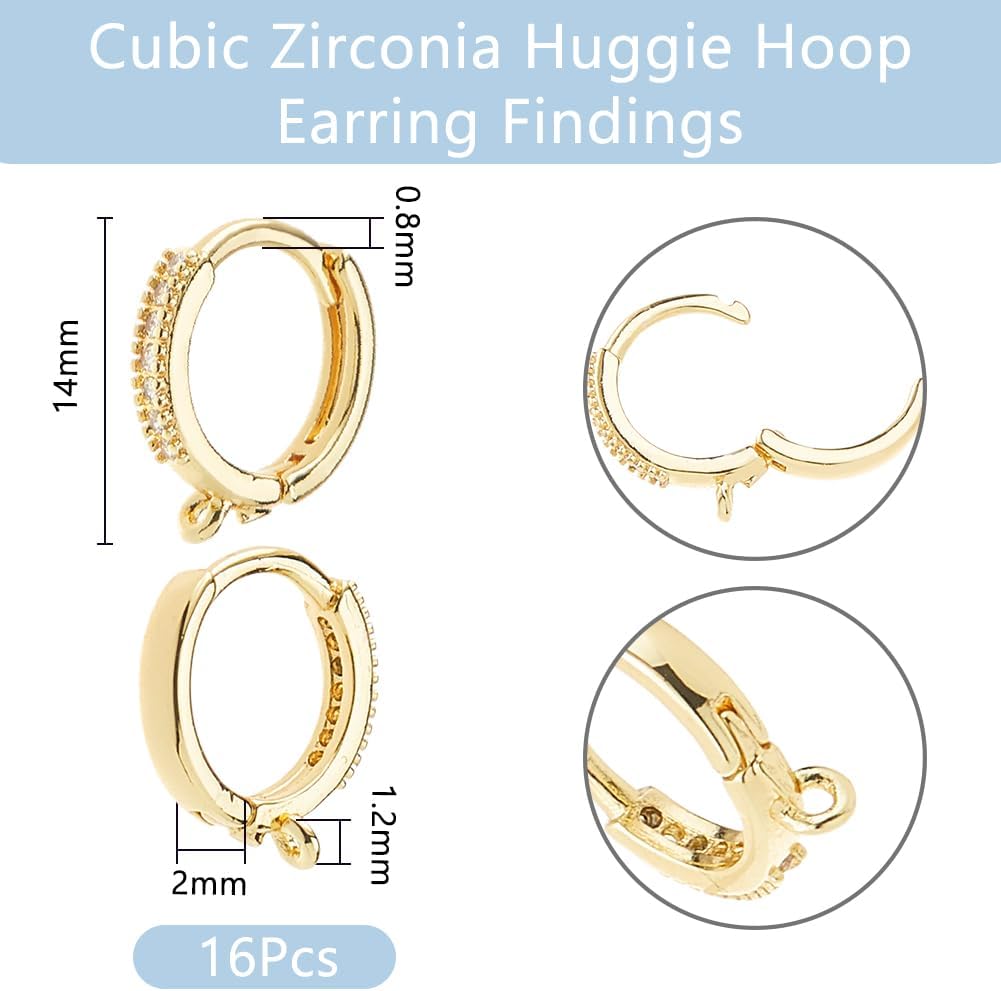 DICOSMETIC 16Pcs Zirconia Huggie Hoop Earring Real 24K Gold Plated Round Huggie Earring with Loop Brass Leverback Earring French Hook Earring for Earring Jewelry Making