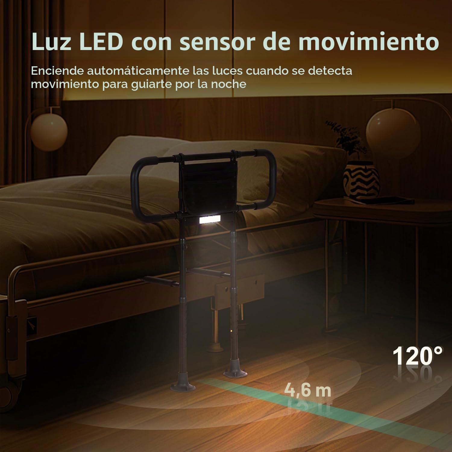 Barra de Apoyo Ajustable para Cama, Ayuda para Mayores | Estructura robusta, agarre antideslizante, correa de fijación, doble iluminación y montaje sin herramientas para levantarse