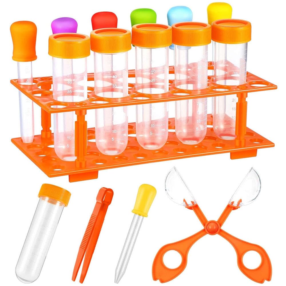 Goodern Science Motor Skill Tool Set,14 Pieces Learning Tools for Kids Includes 5 Jumbo Test Tubes,6 Silicone Liquid Droppers,1 Storage Stand,1 Tweezer and 1 Scissors Jumbo Test Tubes with Stand Set