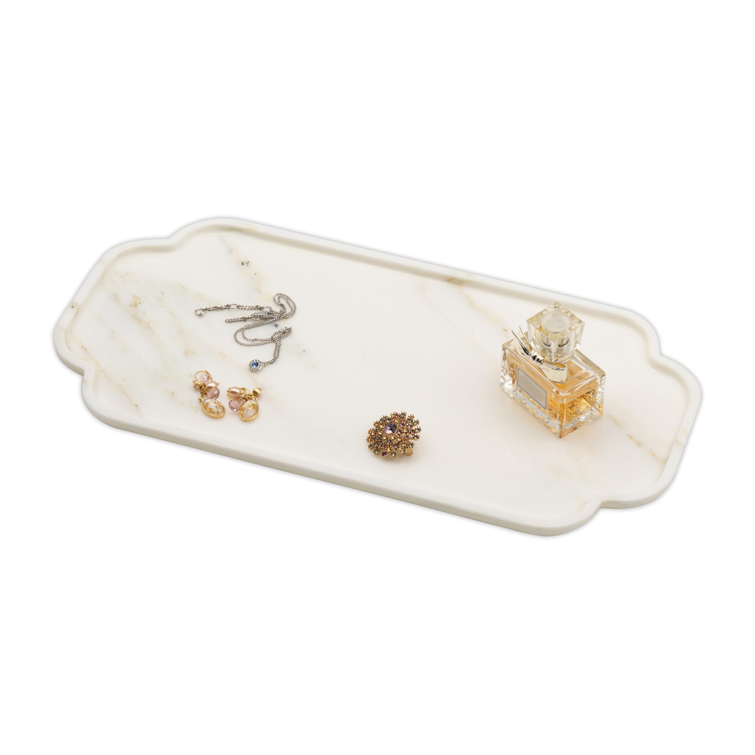 Marmor Vassoio da bagno in vero marmo naturale per profumi, candele, gioielli in pietra, organizer per bagno e cucina, decorazione per la casa (piatto lungo in pizzo marmo dorato Calacatta)