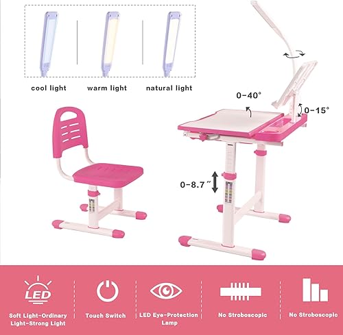 Miniatura 12 de Napfox Juego de escritorio y silla de arte para niños, mesa de dibujo de altura ajustable con inclinación de 40 grados, luz LED, soporte para