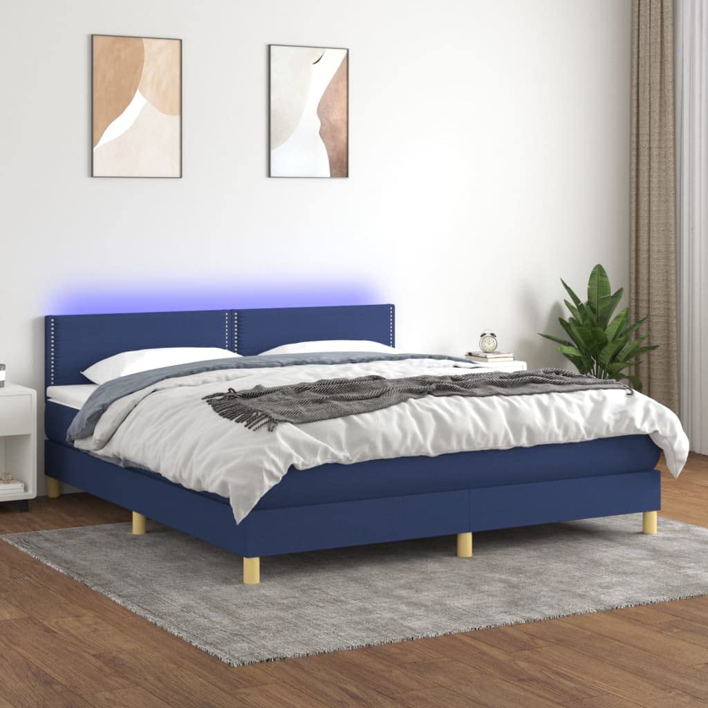 tkanina LED podświetlenie regulowany zagłówek 180x200 niebieski | Łóżko kontynentalne 180x200 cm z materacem sprężynowym, niebieskie, tkanina, LED, zagłówek