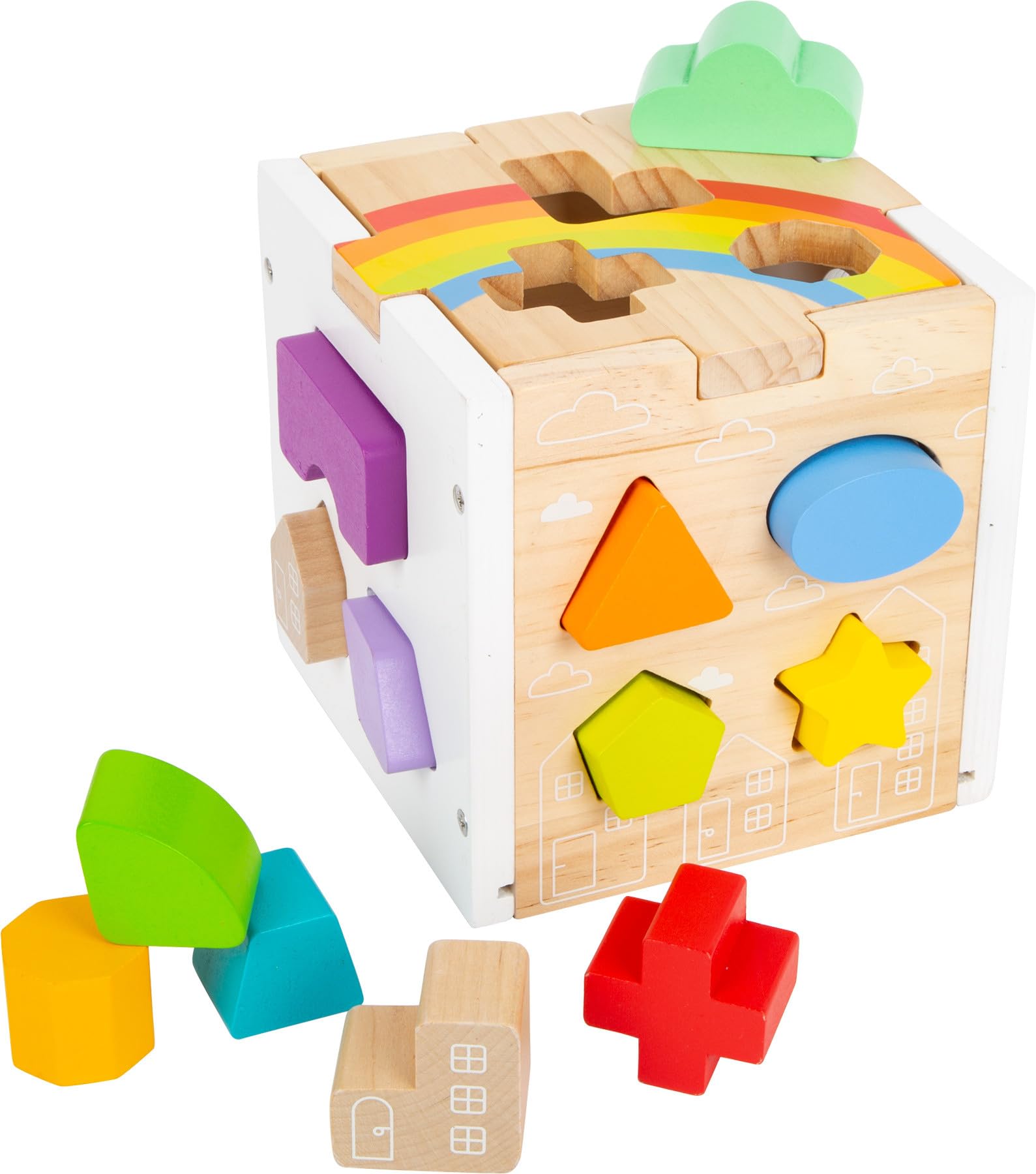 Wooden Rainbow Shape Sorter Cube – Sorting Toy with 13 Geometric Shapes & Removable Lid – Educational Game for Dexterity & Fine Motor Skills – Teaches