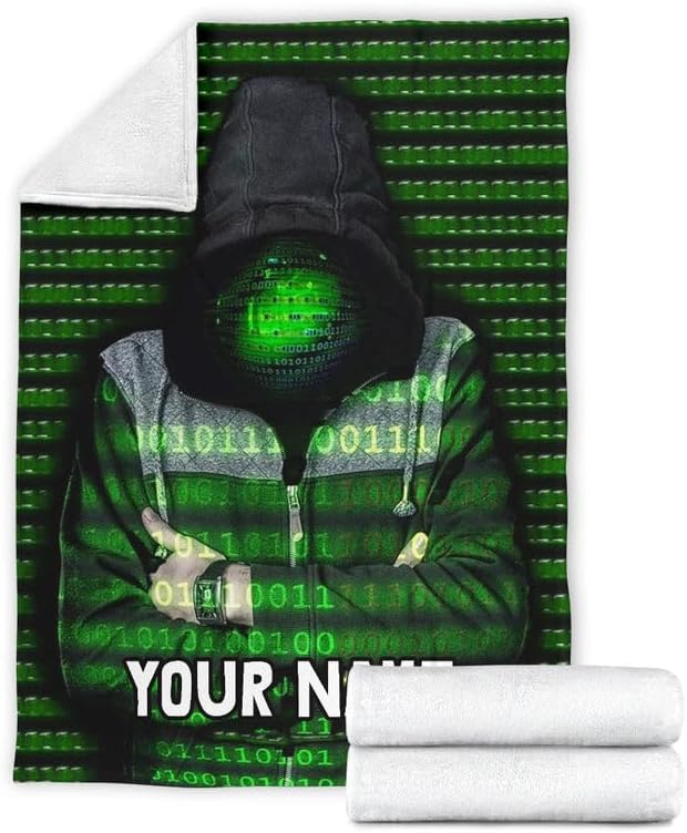 Personalized Hacker Blanket with Your Name – Green Binary Code Cybersecurity Hooded Figure Design – Custom Gift for Gamers & Coders (Medium 50x60 Inches)